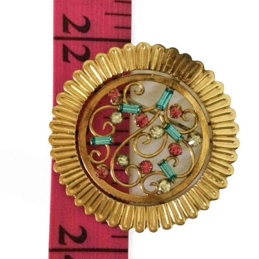 Vintage REGEL 1/20 12K GF Signed Filigree Brooch w/ Multicolor Rhinestones